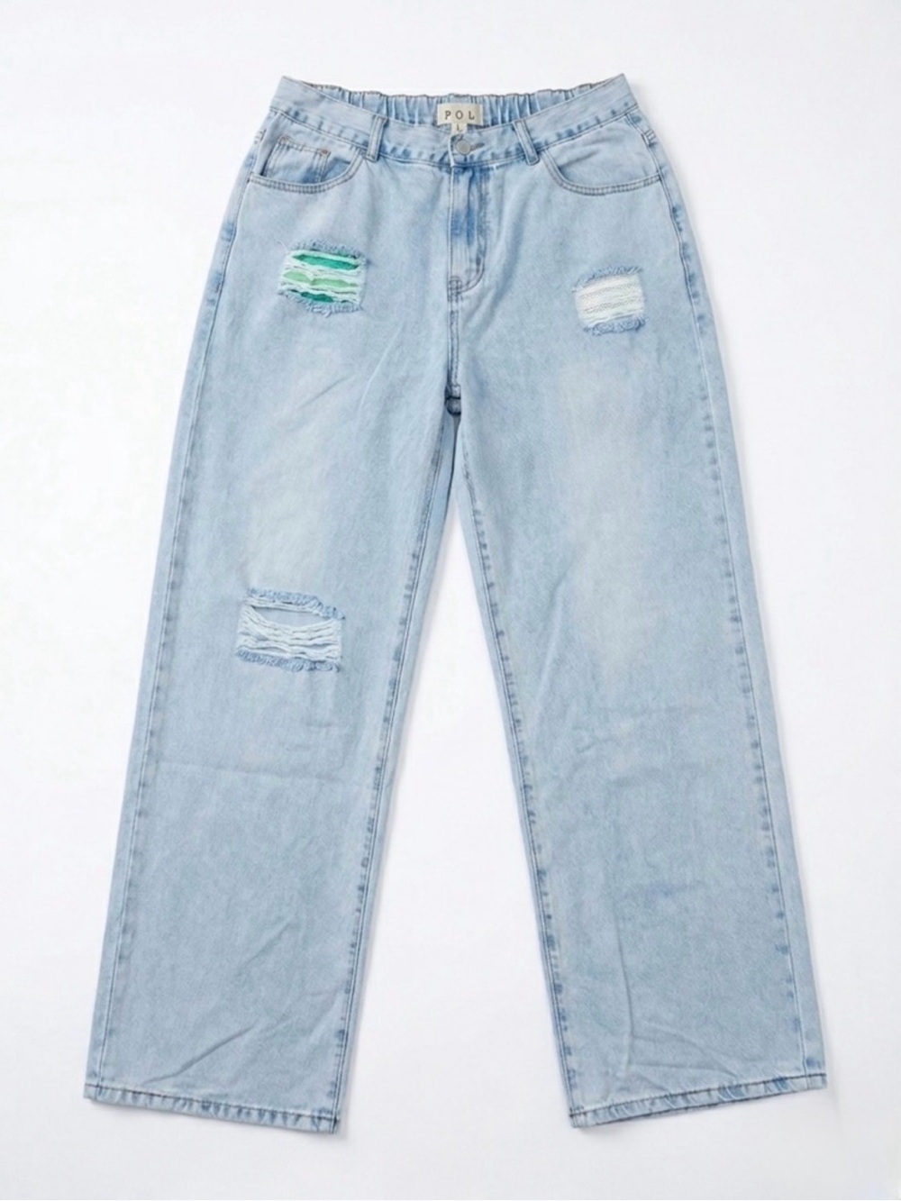 POL Light Wash Wide-Leg Jeans w/ Distressed Green Patch Detail – Size Large - Picture 5 of 5